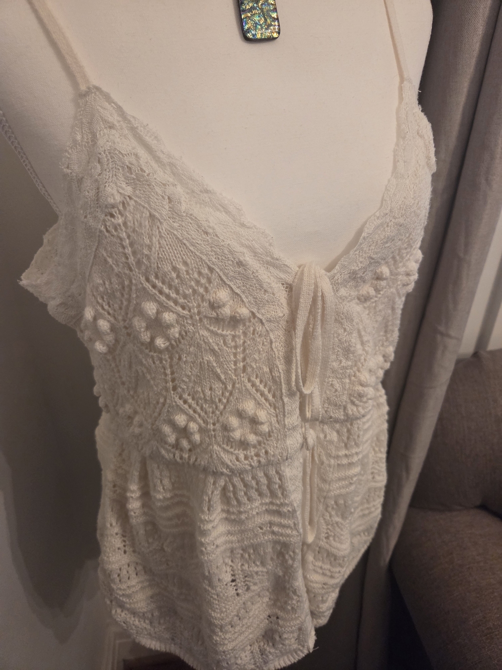 Abercrombie & Fitch Cream Knit Lace-Trim Spaghetti Strap Babydoll Camisole
